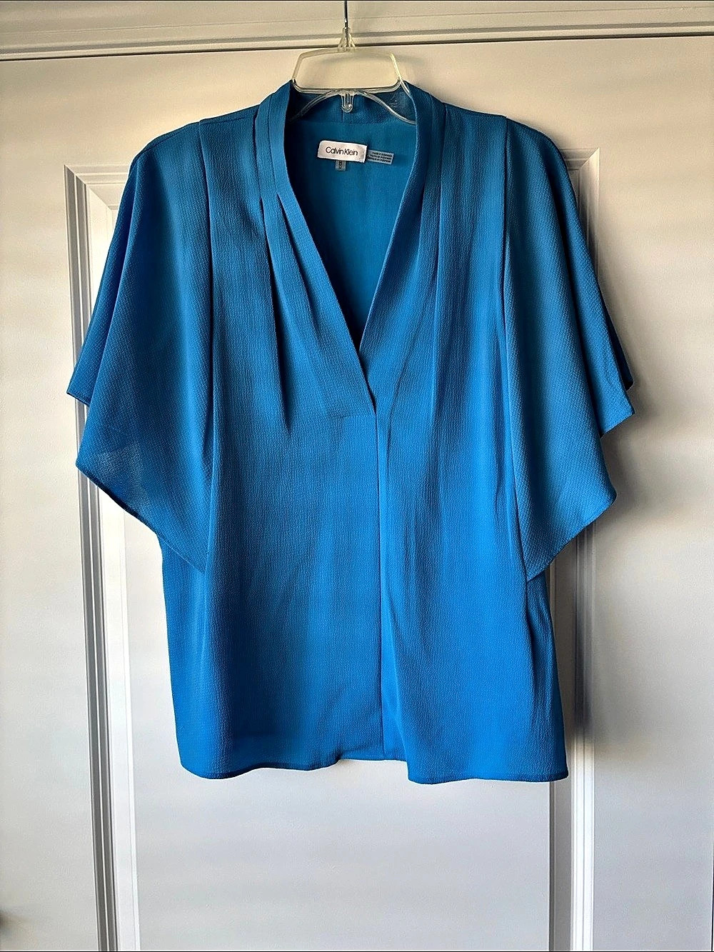 Calvin Klein Flutter Sleeve V-Neck Pleated Blouse Blue